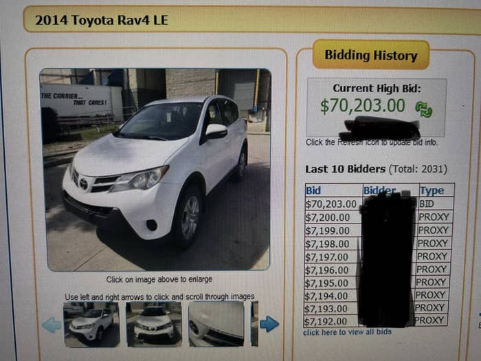 2014 Toyota Rav4 LE auction with a high bid of $70,203. Bidders&#x27; list and vehicle images shown