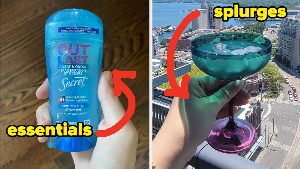 Left image shows a hand holding Secret Outlast deodorant labeled "essentials." Right image shows a hand holding a drink in a wine glass labeled "splurges."