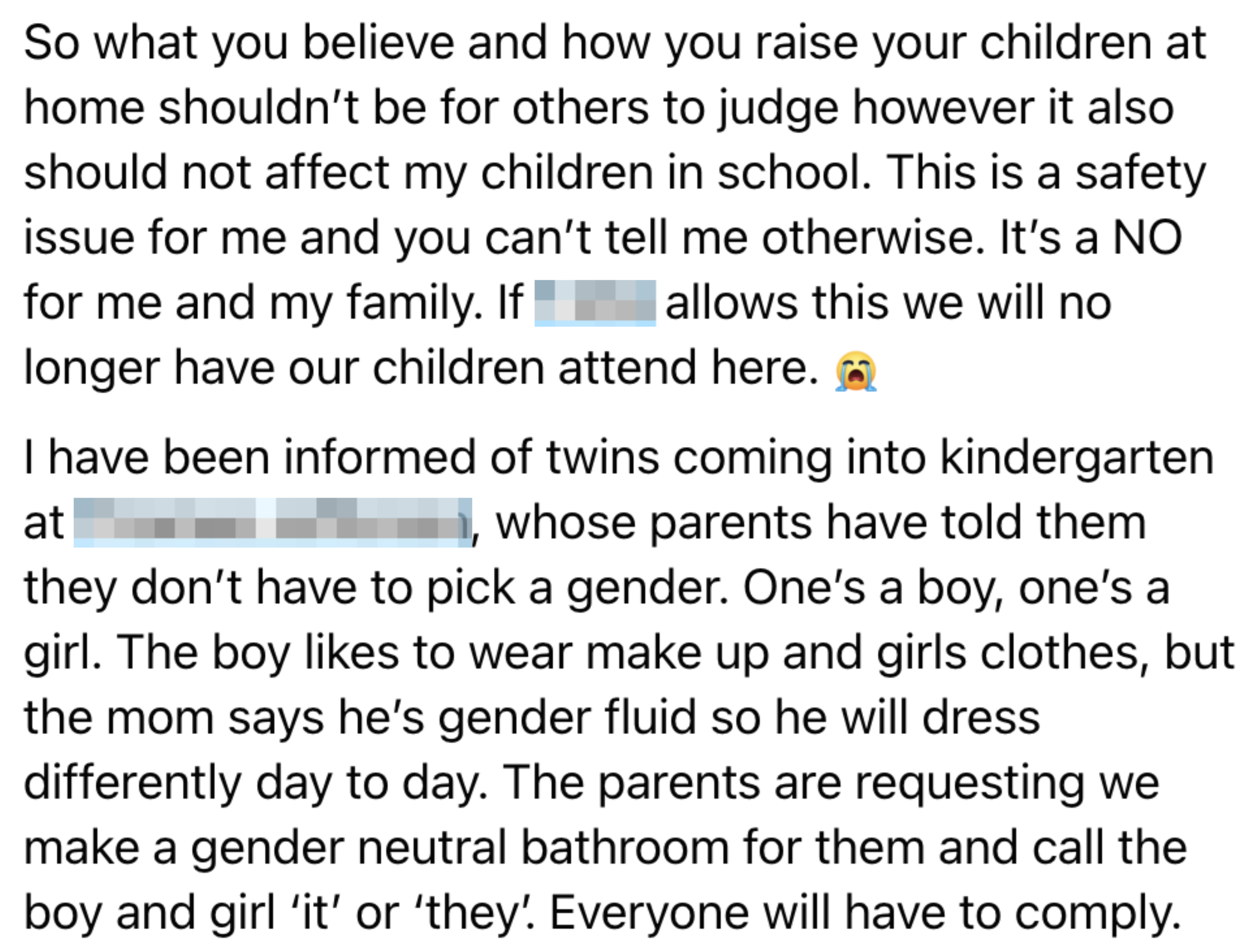 Text detailing a parent&#x27;s concern about gender identity issues, safety, and policy in a school environment, mentioning a specific case of twins with non-traditional gender expressions and impact on facilities use