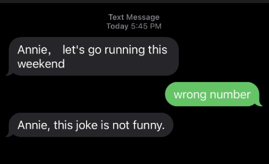 Text conversation where one person suggests to Annie they go running this weekend, receives a &quot;wrong number&quot; reply, and then remarks that the joke is not funny