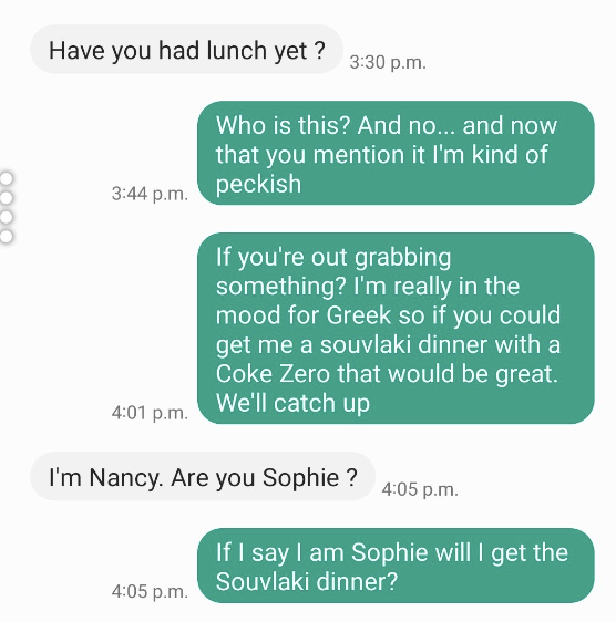 Text message conversation about lunch plans. Person 1 asks if Person 2 is Sophie and offers to get them a souvlaki dinner with a Coke Zero if they are