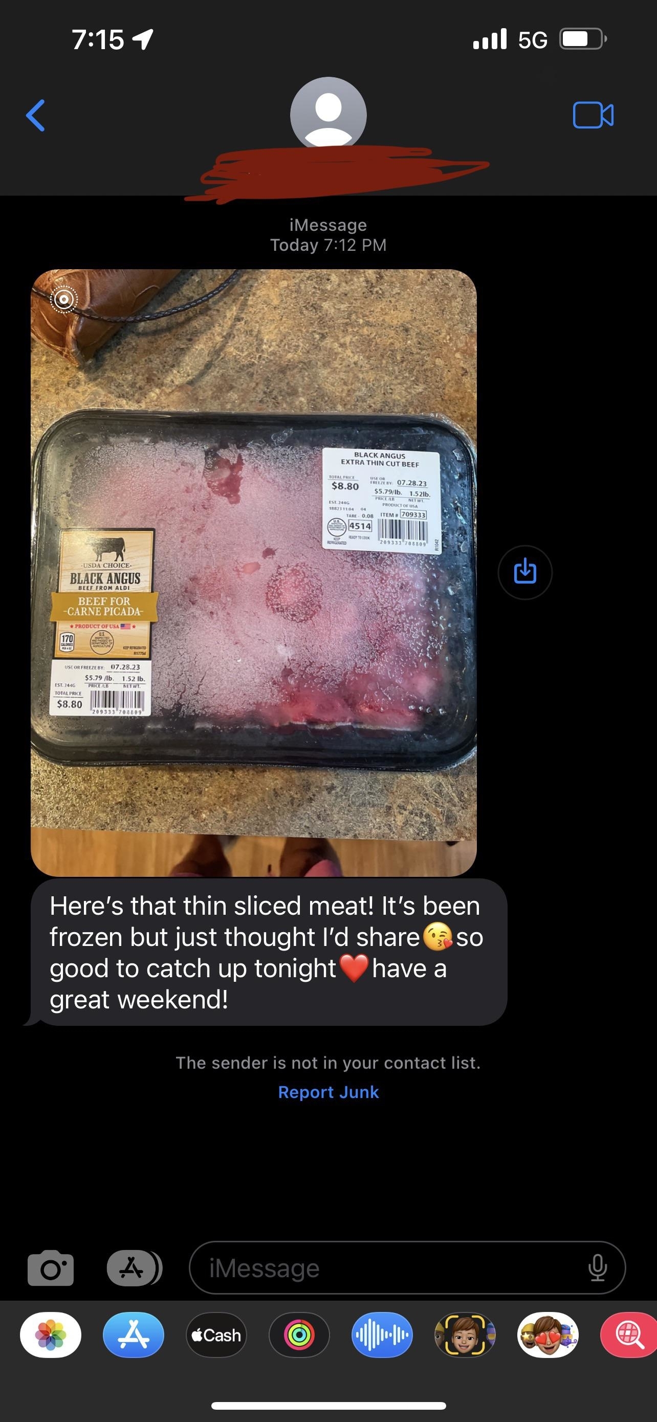 Text message screenshot showing a conversation about meat. The sender shares an image of a pack of frozen Black Angus thin sliced beef