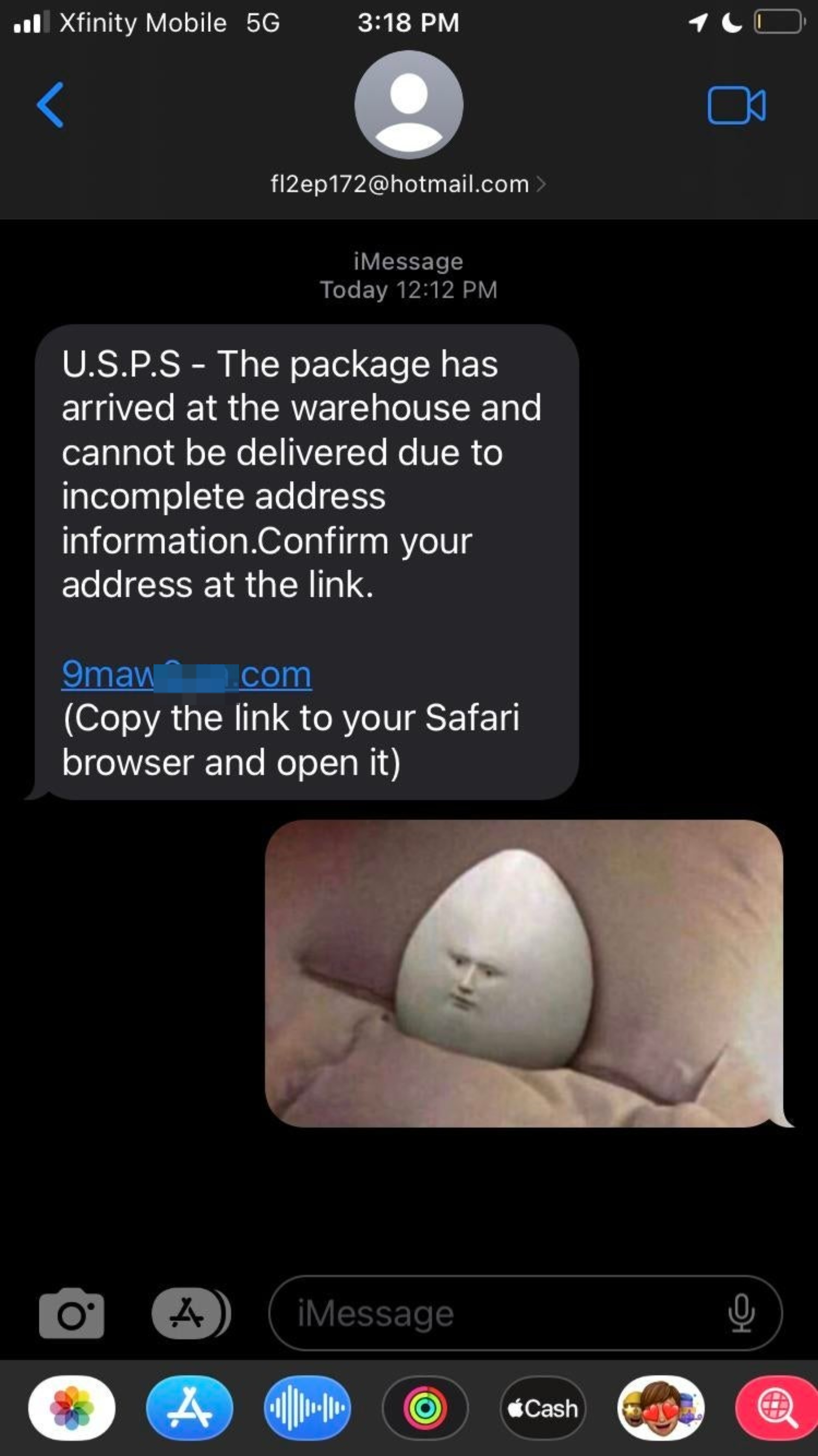 Text message showing a fake U.S.P.S. delivery notice with a suspicious link. Below the message is a picture of an egg-shaped figure with a serious expression, in bed