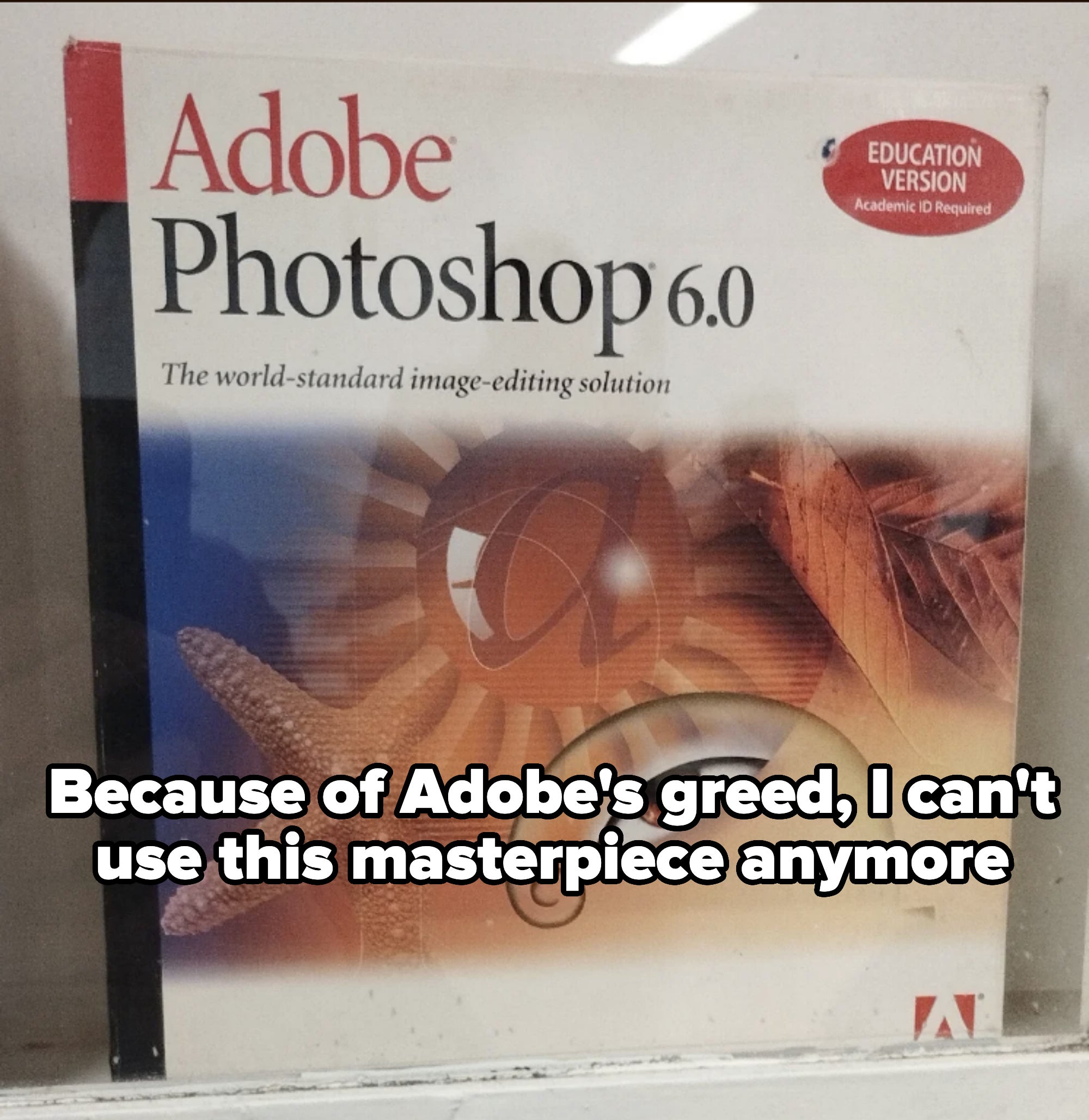 Adobe Photoshop 6.0 Education Version software box with the slogan &quot;The world-standard image-editing solution.&quot;