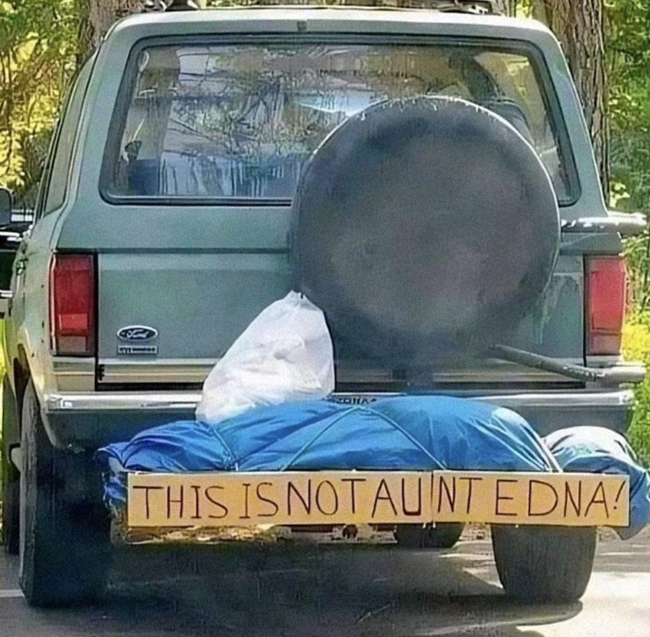 Back of a vehicle with a tightly wrapped object on a luggage rack. A sign reads, &quot;THIS IS NOT AUNT EDNA!&quot;