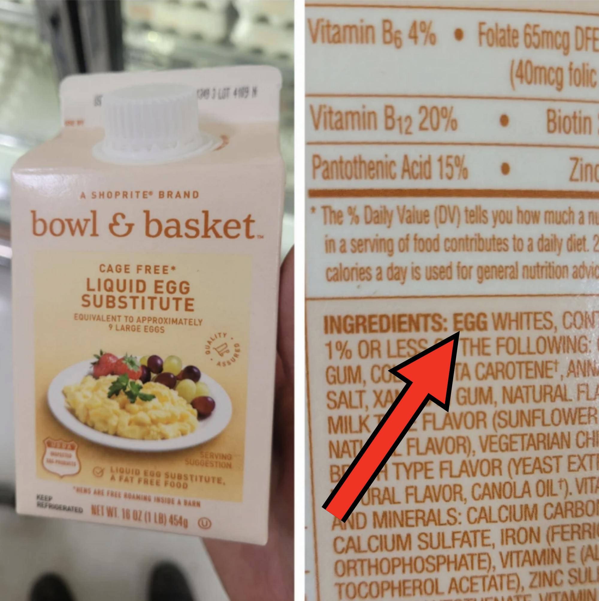 A carton of Bowl &amp;amp; Basket liquid egg substitute and its nutrition label. The label includes vitamins and ingredients such as egg whites, sunflower oil, and flavorings