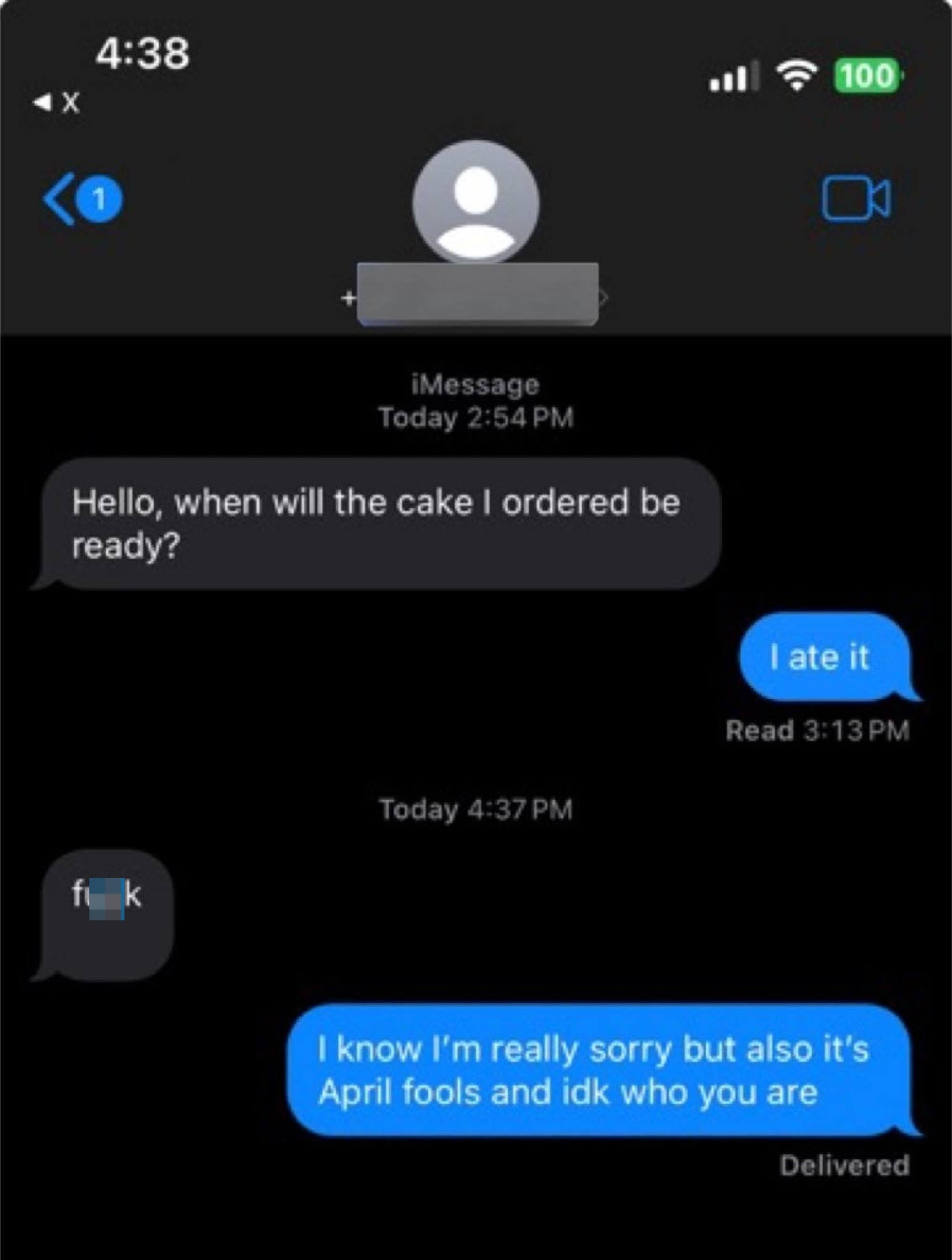 Text message exchange: Person 1 asks, &quot;Hello, when will the cake I ordered be ready?&quot; Person 2 replies, &quot;I ate it.&quot; Person 1 responds with an expletive. Person 2 says it was an April Fools’ joke and doesn&#x27;t know Person 1