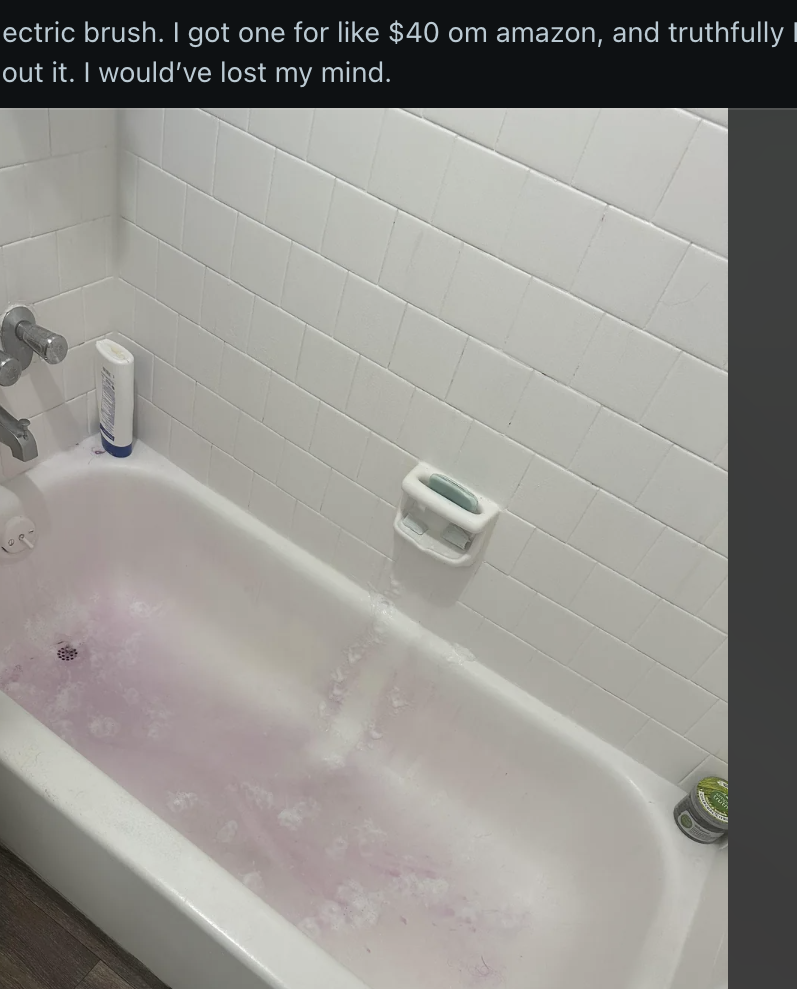 A Reddit post shows a bathtub with the bottom covered in soap scum or residue, illustrating the need for cleaning. The title mentions cleaning tips saved someone&#x27;s mental health