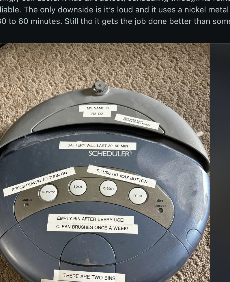 Reddit post showing a vacuum robot with multiple labels explaining its usage and functionality. The post&#x27;s title humorously notes it as a &#x27;robot mop-man.&#x27;