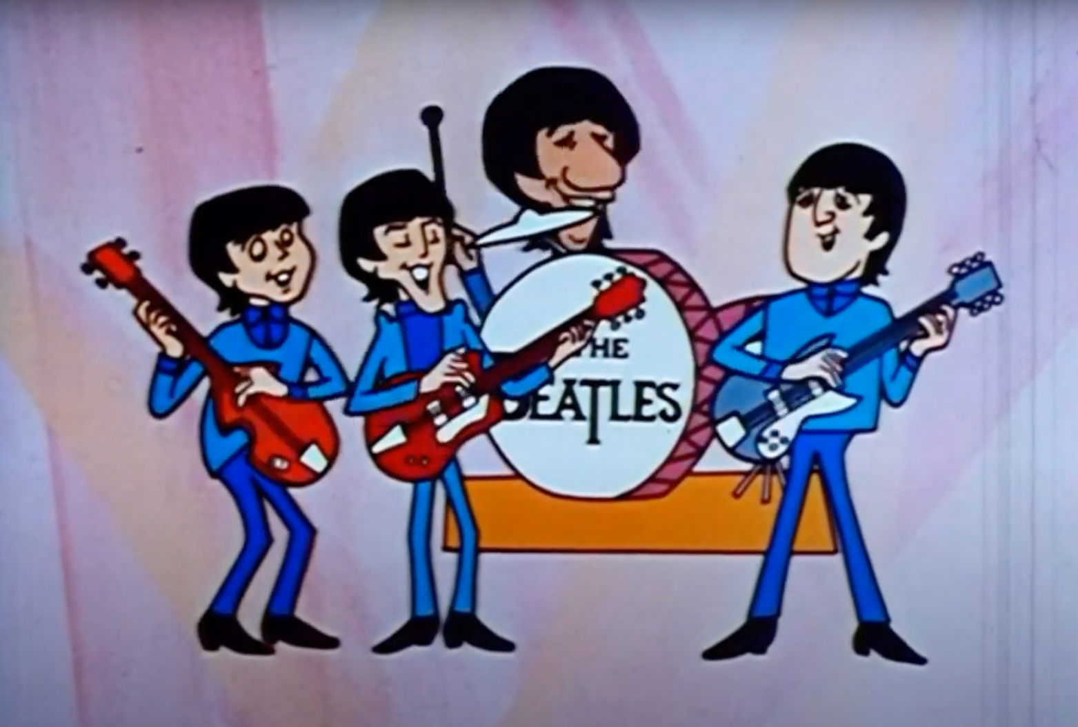 Cartoon image of The Beatles performing with instruments. John Lennon, Paul McCartney, George Harrison, and Ringo Starr are depicted in animated form