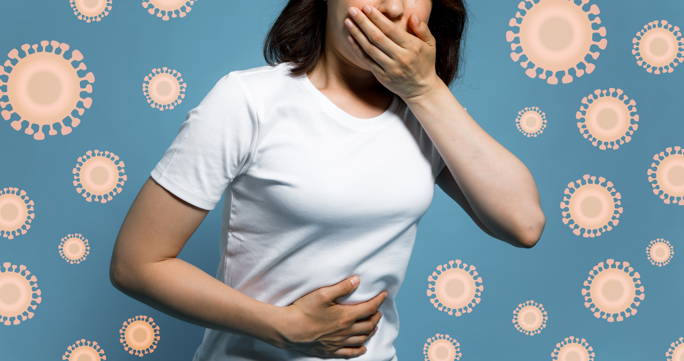 A person is holding their stomach and covering their mouth, possibly feeling nauseous, with virus-like patterns in the background