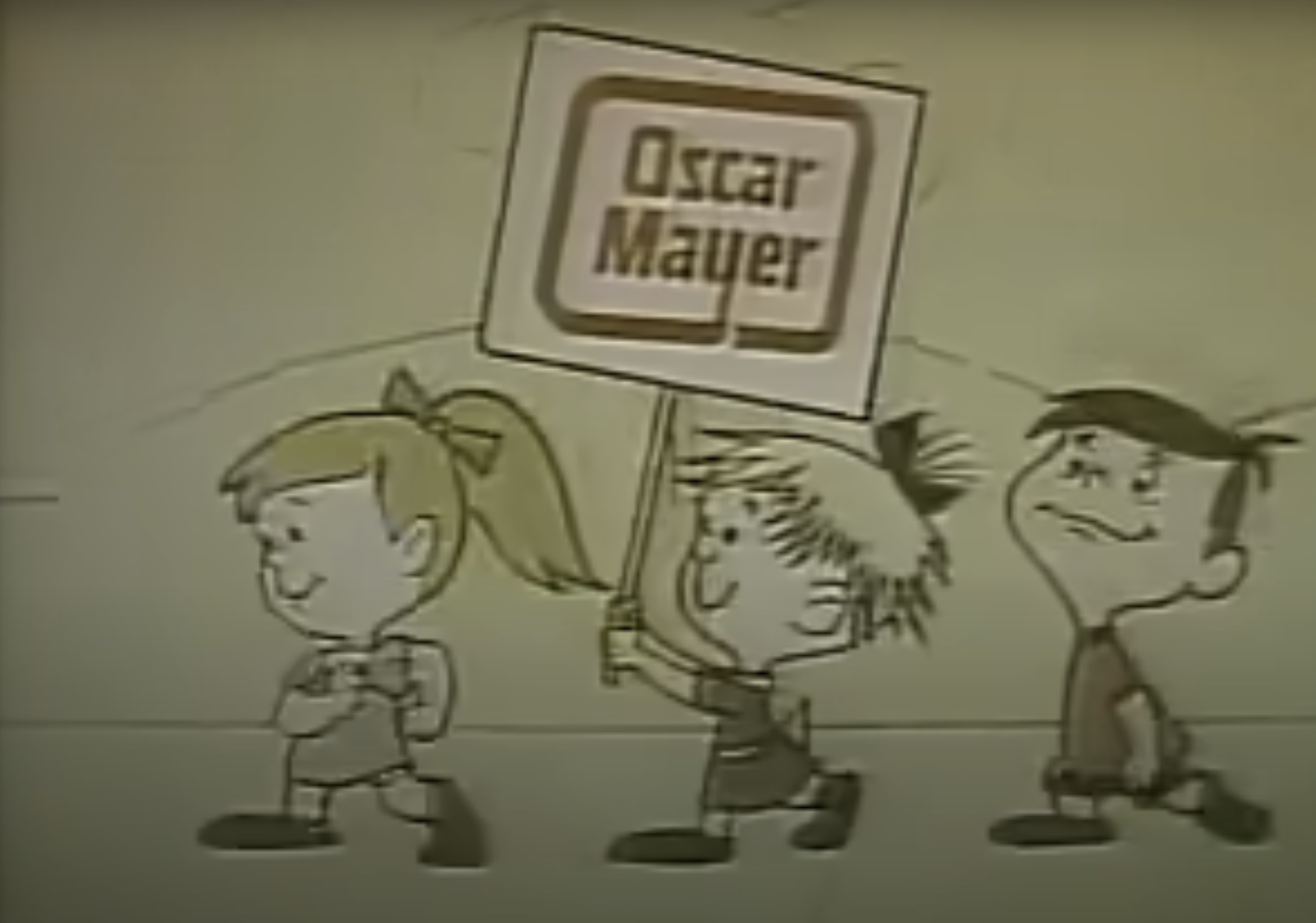 Animated children walk, one holding an &quot;Oscar Mayer&quot; sign. This image is likely from an old commercial