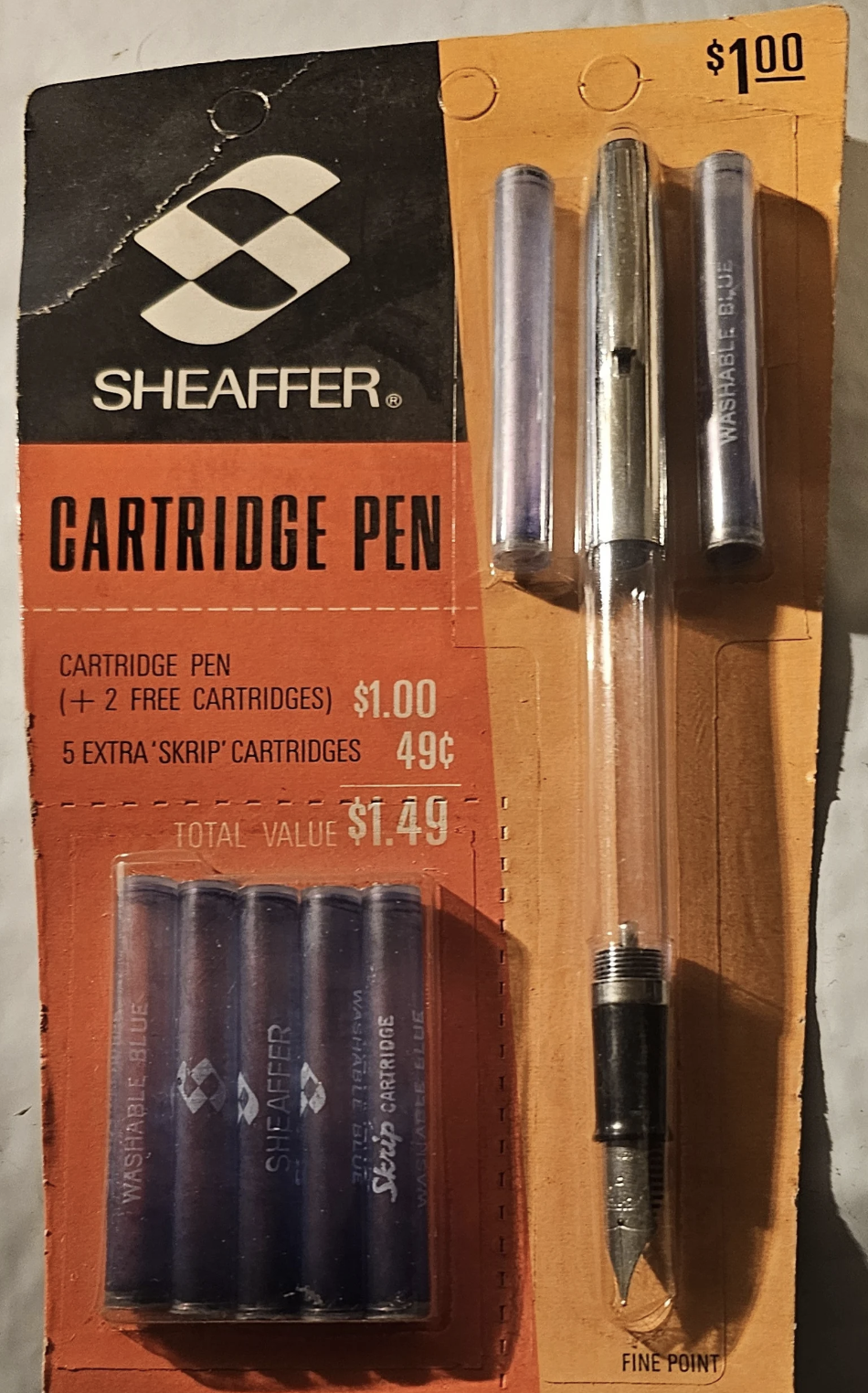 Vintage Sheaffer cartridge pen package labeled &quot;$1.00,&quot; includes one pen with two free and five extra &#x27;Skrip&#x27; cartridges valued at $1.49, featuring a fine point nib