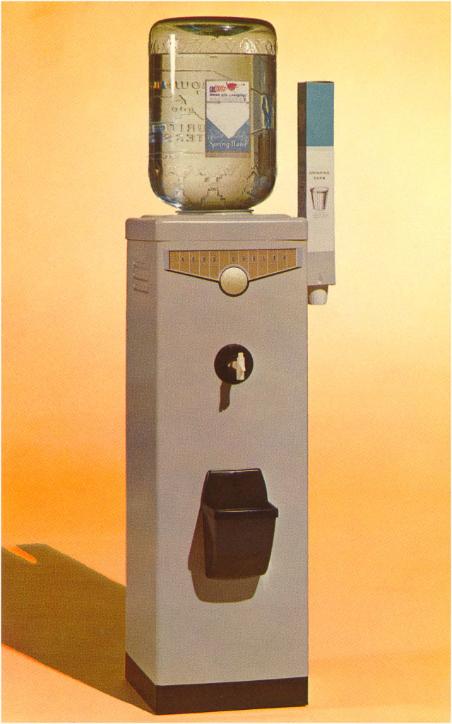 Retro-style water cooler with a large water jug on top and a small dispensing mechanism on the side