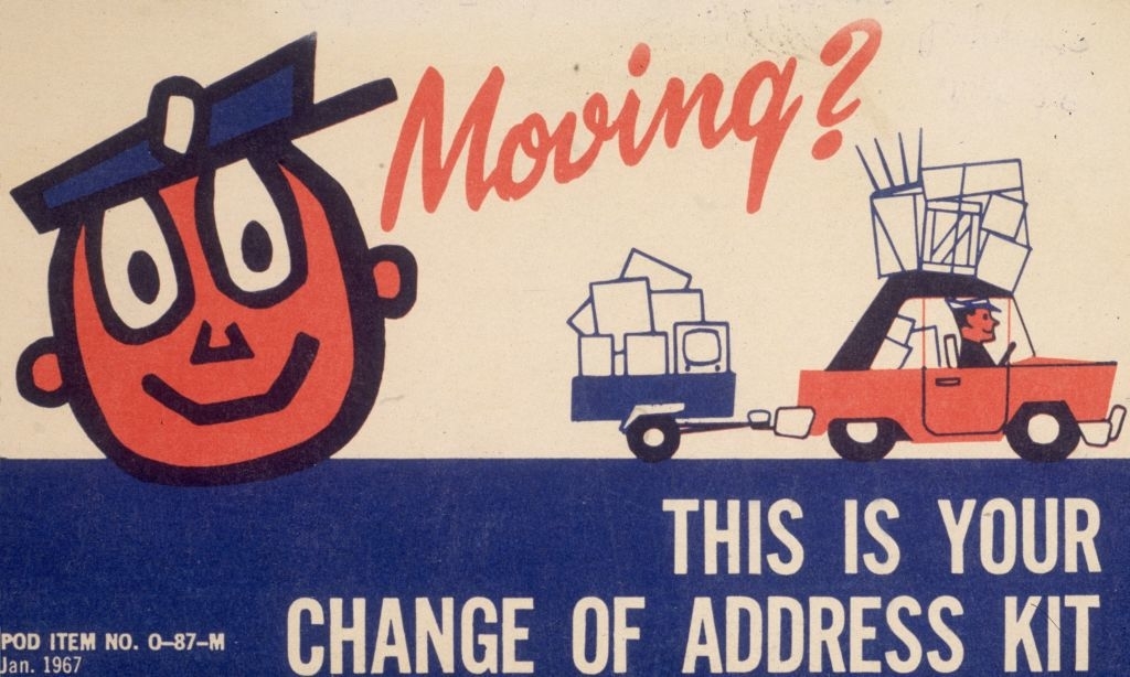 Cartoon of a smiling face and a car towing boxes, with text: &quot;Moving? This is your change of address kit&quot; from January 1967