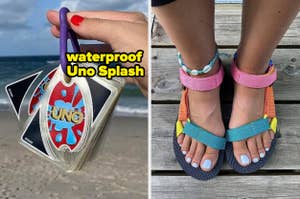 On the left, a hand holds a waterproof Uno Splash card deck on a beach. On the right, close-up of feet wearing colorful flip-flops and anklets