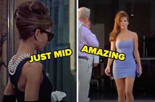 Left: Woman in a classic updo and pearls labeled "JUST MID," Audrey Hepburn in "Breakfast at Tiffany's." Right: Woman in a fitted dress labeled "AMAZING," Julia Roberts in "Pretty Woman."