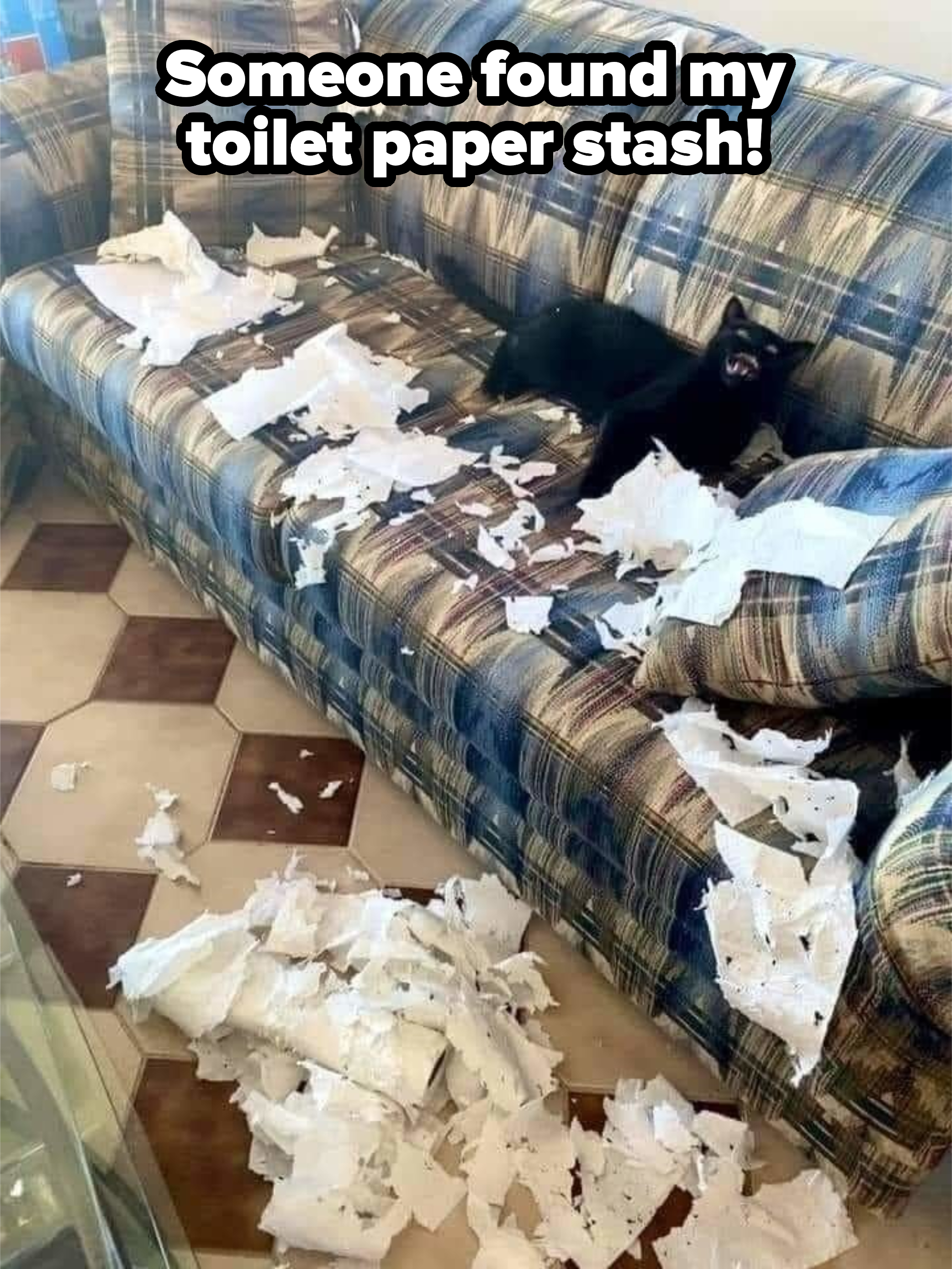 A black cat lies on a plaid couch surrounded by ripped pieces of white paper scattered across the couch and floor