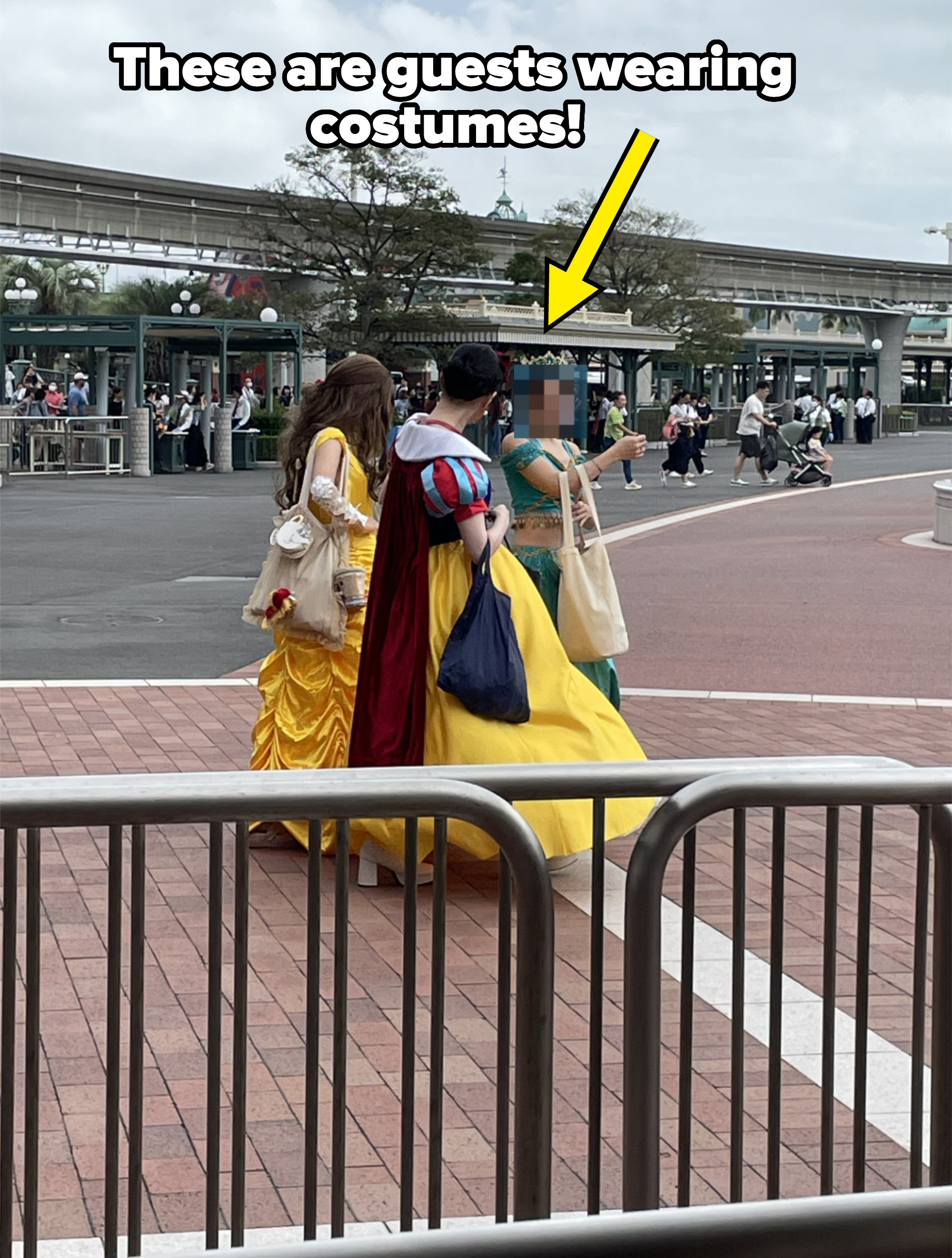 Three women dressed as Belle, Snow White, and Jasmine are walking together in an amusement park