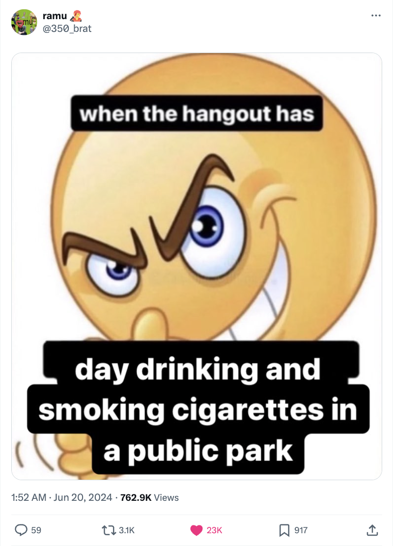 Emoji with an evil smirk and text: &quot;when the hangout has day drinking and smoking cigarettes in a public park.&quot; Tweet by user @350_brat. 59 comments, 3.1K retweets, 23K likes, 917 bookmarks