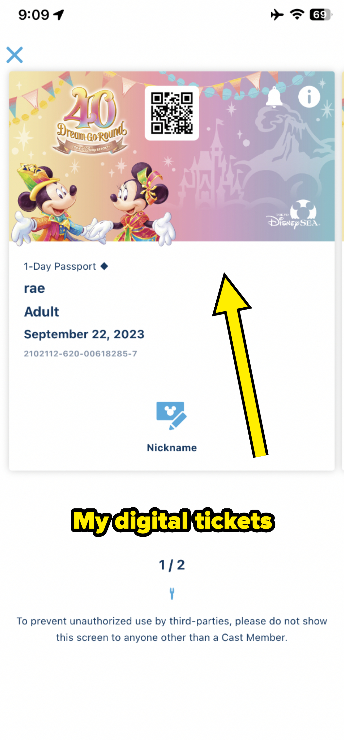 DisneySEA 1-Day Passport for an adult named rae, valid on September 22, 2023. The ticket features Mickey and Minnie Mouse dressed in park attire