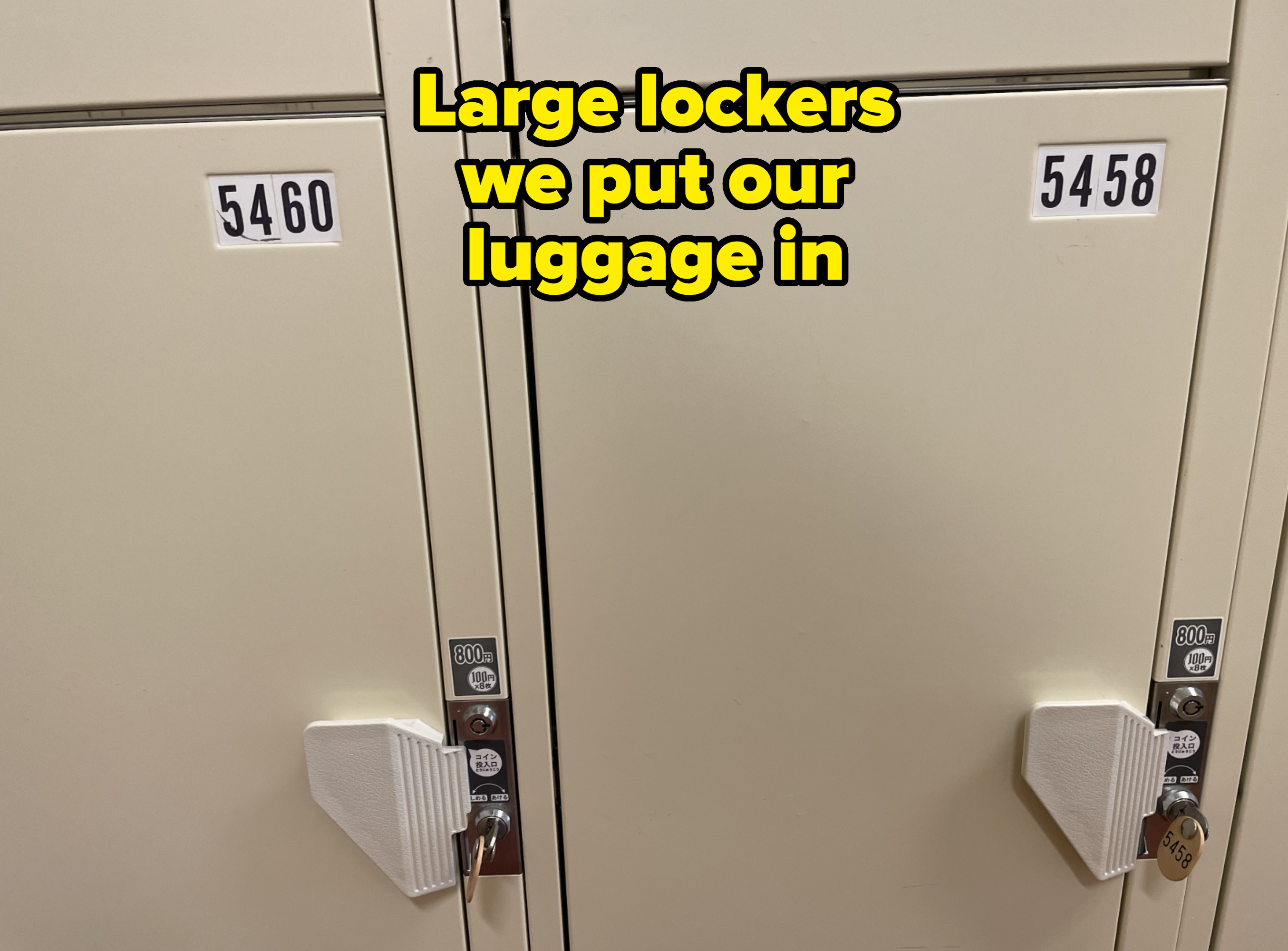 Close-up of lockers numbered 5460 and 5458, each secured with a padlock