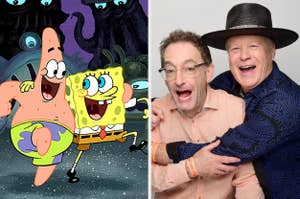 Patrick Star and SpongeBob SquarePants dancing. Tom Kenny and Bill Fagerbakke looking happy and excited