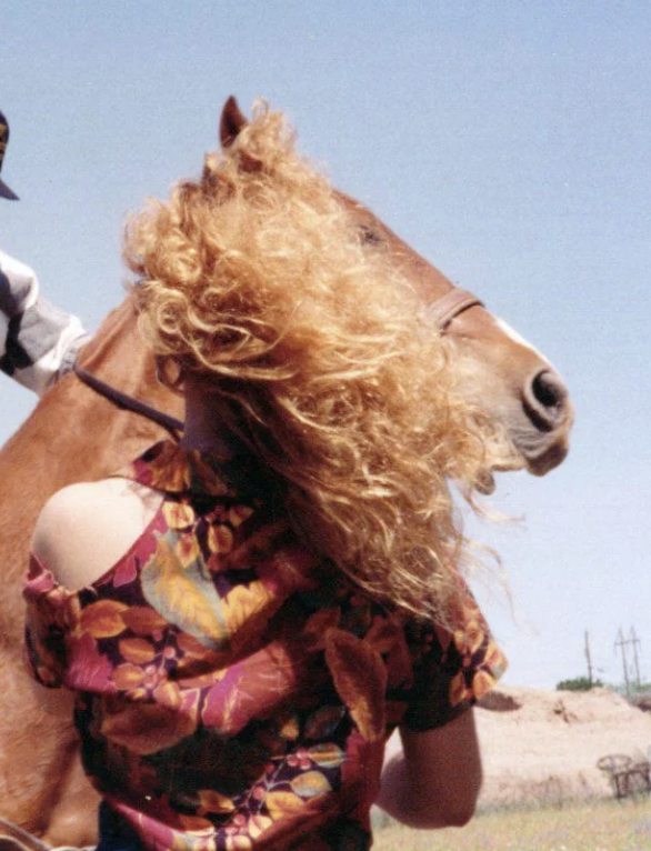 Person with curly hair wearing a floral shirt standing close to a horse outdoors. Face not visible