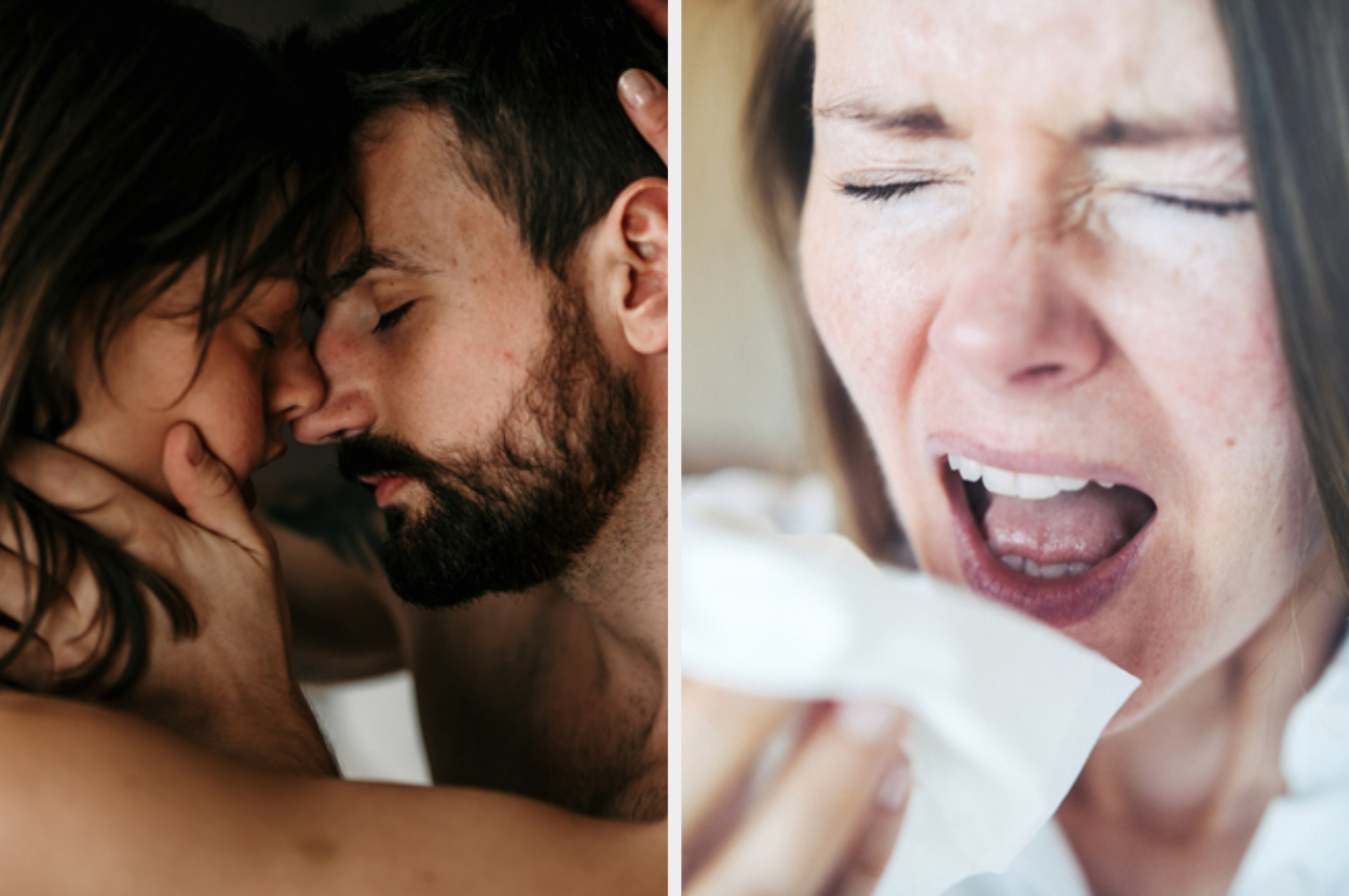 Man and woman embracing closely on the left; on the right, the woman is sneezing into a tissue