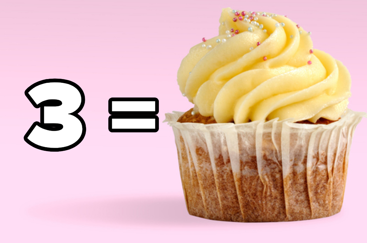 The image shows the number &#x27;3&#x27; followed by an equal sign and a vanilla cupcake with frosting and sprinkles