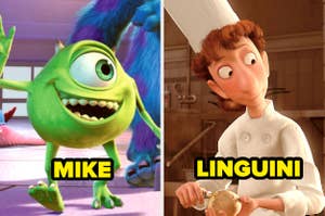 Mike (green one-eyed monster) and Linguini (chef in white uniform and hat) are featured from the animated movies "Monsters, Inc." and "Ratatouille."