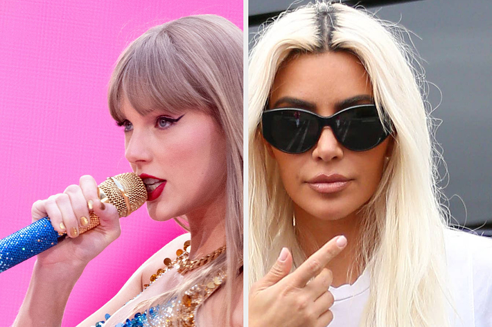Taylor Swift singing into a sparkly mic, and Kim Kardashian pointing wearing sunglasses and blonde hair
