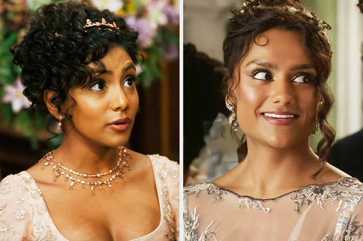 Simone Ashley and Charithra Chandran are dressed in elegant period costumes, likely from a historical drama. Both wear intricate jewelry and have styled hair