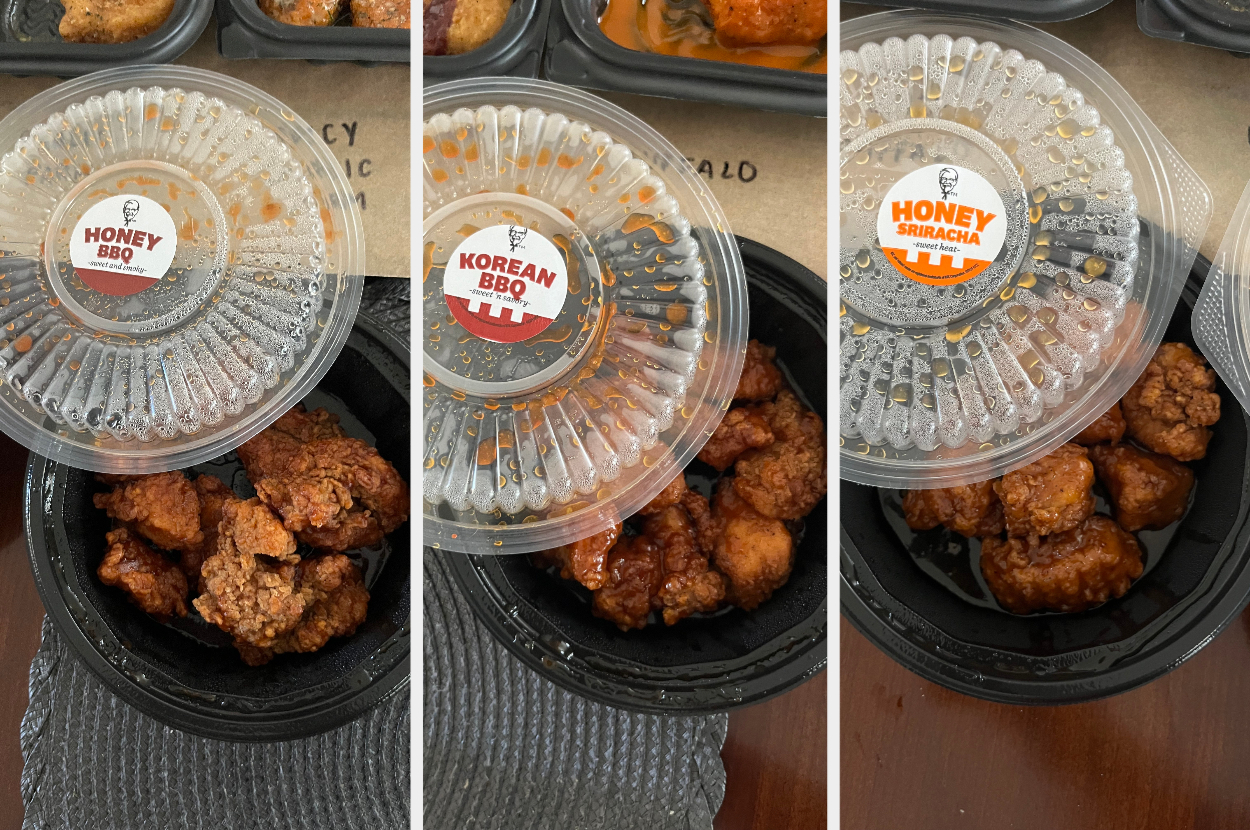 Three small black bowls of chicken wings with three different labels: Honey BBQ, Korean BBQ, and Honey Sriracha