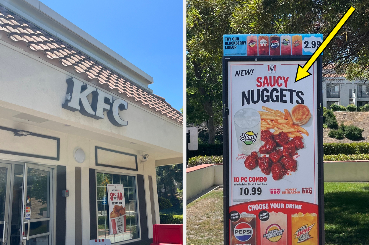 KFC storefront next to a promotional sign advertising new Saucy Nuggets for $10.99, combo includes regular fries and a drink