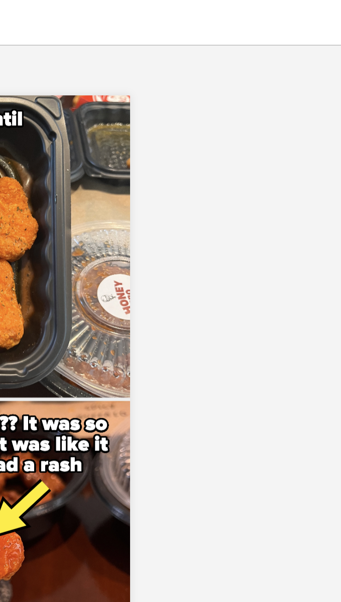 Top image: Three chicken nuggets in a container with the text &quot;looked harmless...until I flipped one over.&quot; Bottom image: Hand holding a red chicken nugget with the text &quot;omg?? it was so red it was like it had a rash.&quot;