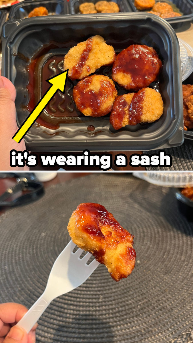 Chicken nuggets with barbecue sauce in a black plastic tray, one nugget has a sauce line resembling a sash. Text above reads, &quot;it&#x27;s wearing a sash.&quot;