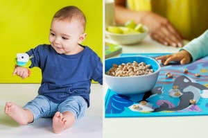 Baby sits on the floor with a toy on their hand and another person places a bowl of cereal on a bright placemat