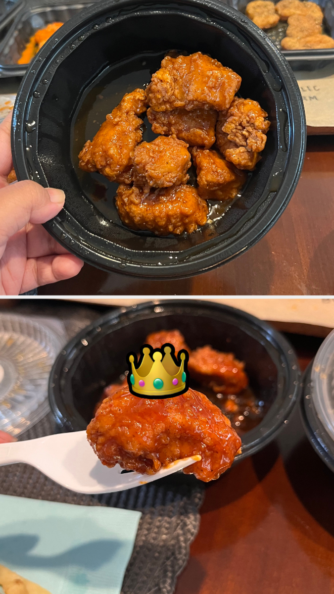 Two pictures of a person holding saucy fried chicken pieces in a black container; one piece has a digital crown sticker on it