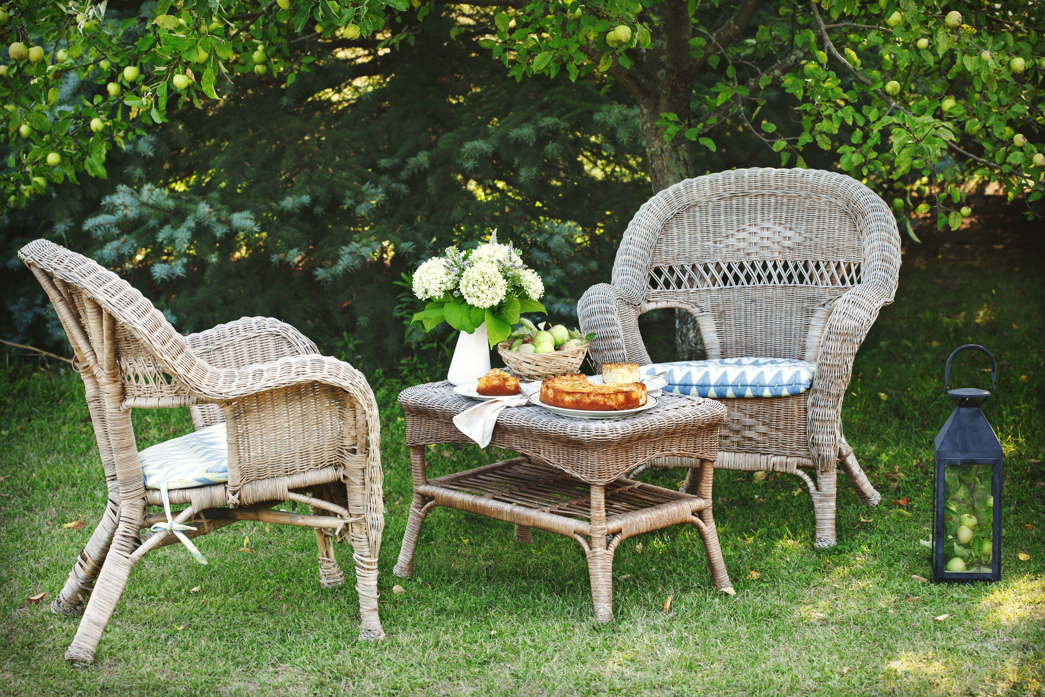 Two wicker chairs with cushions and a wicker table with flowers, a pie, and fruit, set on a grassy lawn under green trees. A lantern with fruit sits nearby