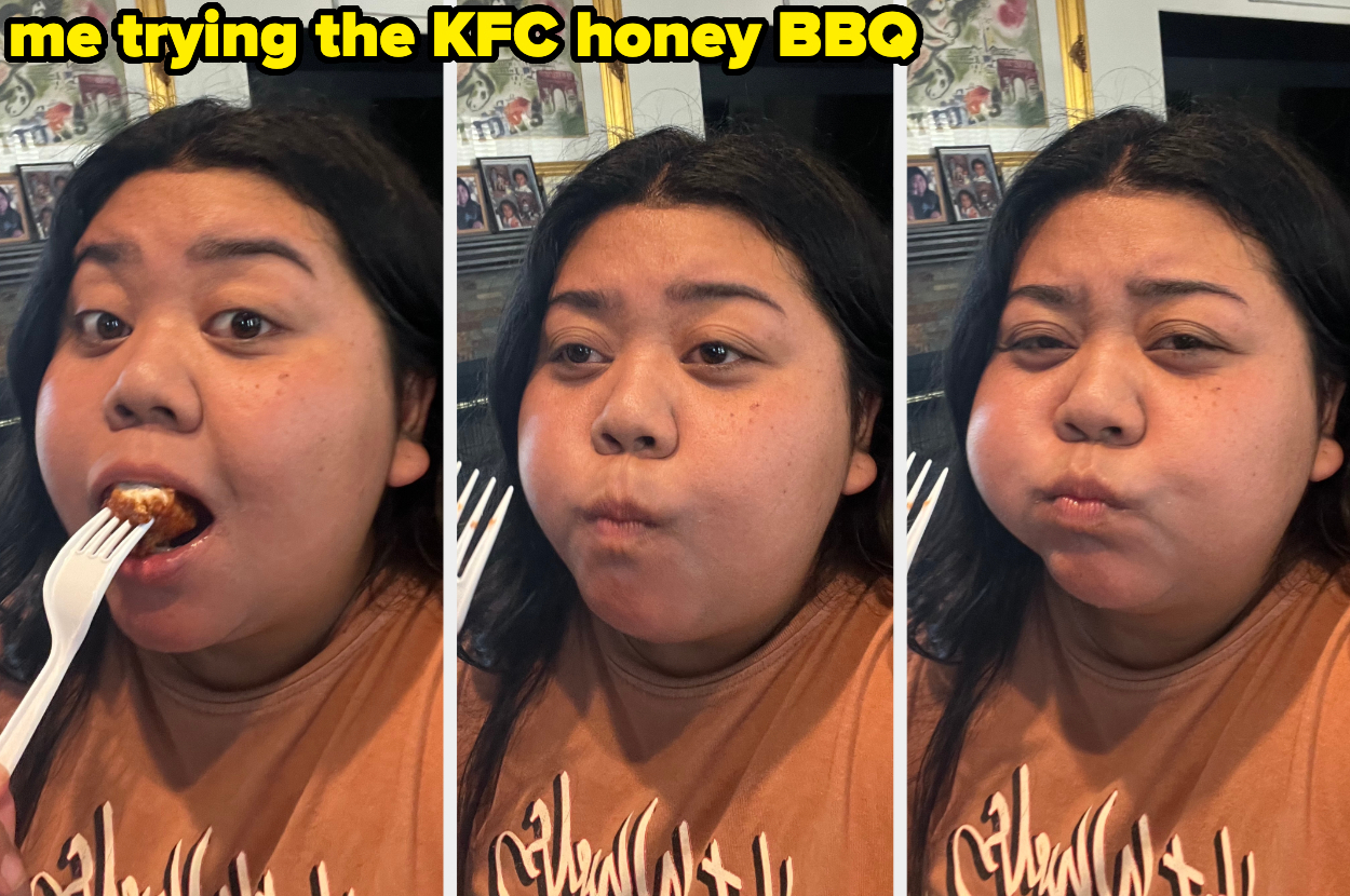 Three images of a person labeled &quot;me&quot; in the process of tasting KFC honey BBQ, showing their reactions from taking a bite to looking unsure