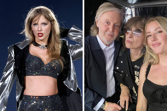 Taylor Swift performs in a glittery crop top and jacket. Paul McCartney, Chrissie Hynde, and Ellie Goulding smile backstage