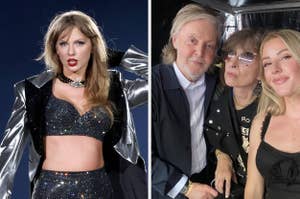 Taylor Swift performs in a glittery crop top and jacket. Paul McCartney, Chrissie Hynde, and Ellie Goulding smile backstage