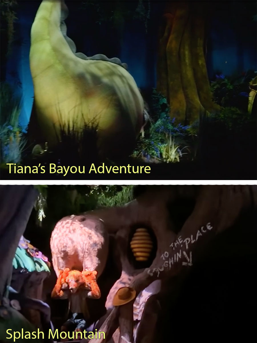 Two images show different scenes from theme park attractions: the first is &quot;Tiana&#x27;s Bayou Adventure,&quot; and the second is &quot;Splash Mountain&quot; with the sign &quot;To The Laughin&#x27; Place.&quot;