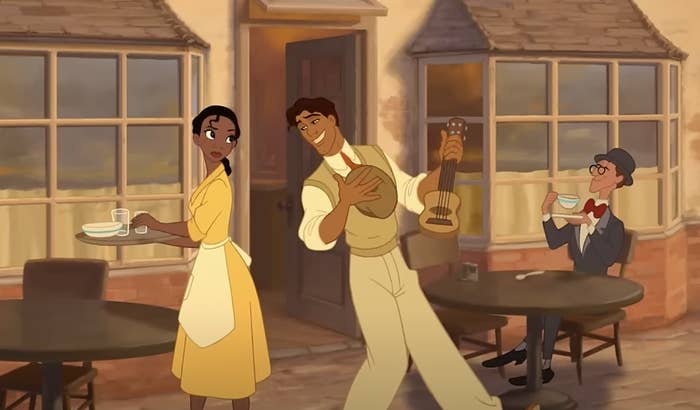 Animated scene from &quot;The Princess and the Frog&quot;: Tiana holds a tray, Prince Naveen strums a ukulele, and Dr. Facilier&#x27;s shadowy figure looms