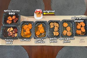 10 chicken nugget trays with different sauces labeled spicy honey BBQ, honey BBQ, buffalo, spicy buffalo, garlic parm, spicy garlic parm, spicy ghost pepper. An original nugget is also shown