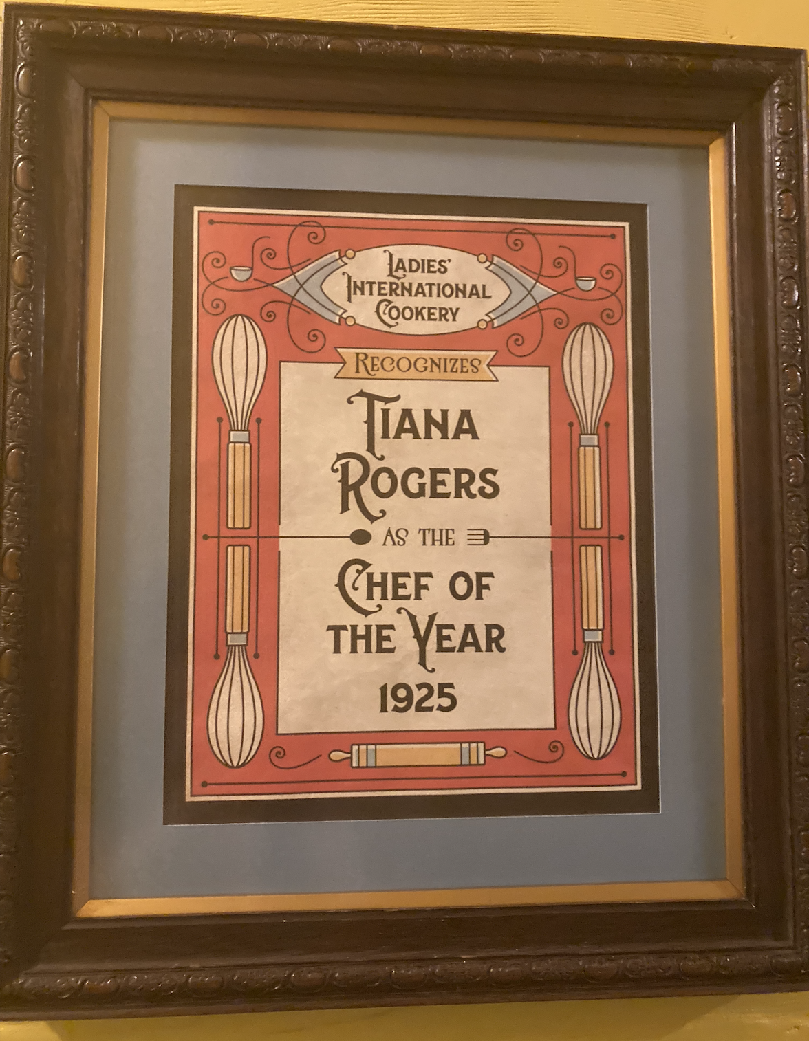 Framed certificate recognizing Tiana Rogers as the Chef of the Year 1925 from Ladies&#x27; International Cookery