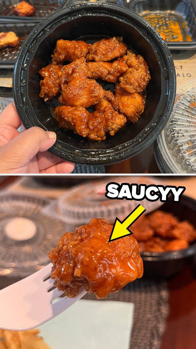 A hand holding a black plastic container filled with sauced chicken bites. A close-up view shows a chicken bite being held by a fork with a &quot;SAUCYY&quot; label and arrow pointing to it