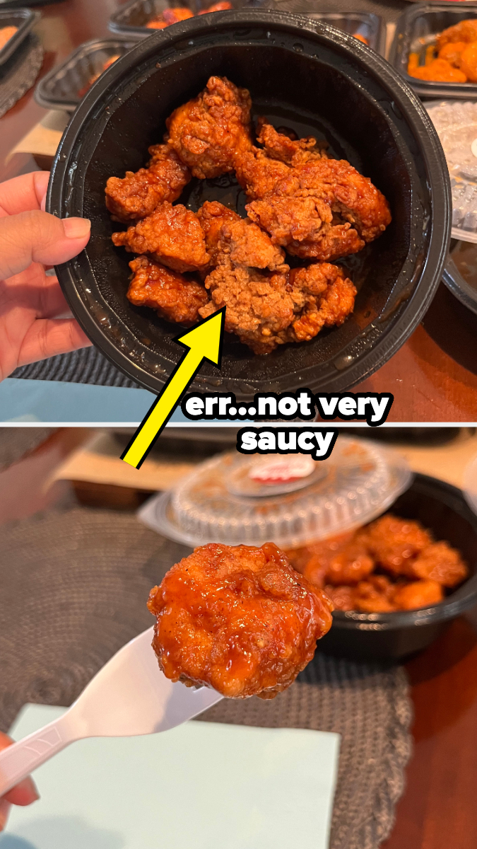 A person holds a container of fried chicken, with a yellow arrow and text &quot;err...not very saucy.&quot; Another image below shows a piece of fried chicken on a fork