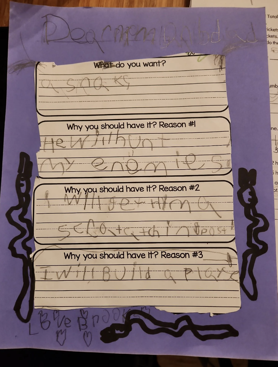 A handwritten letter titled “Dear mom and dad” asks for a snack, listing reasons: hurt by enemy, free scratching, and build playground. Signed “Love, Brook”